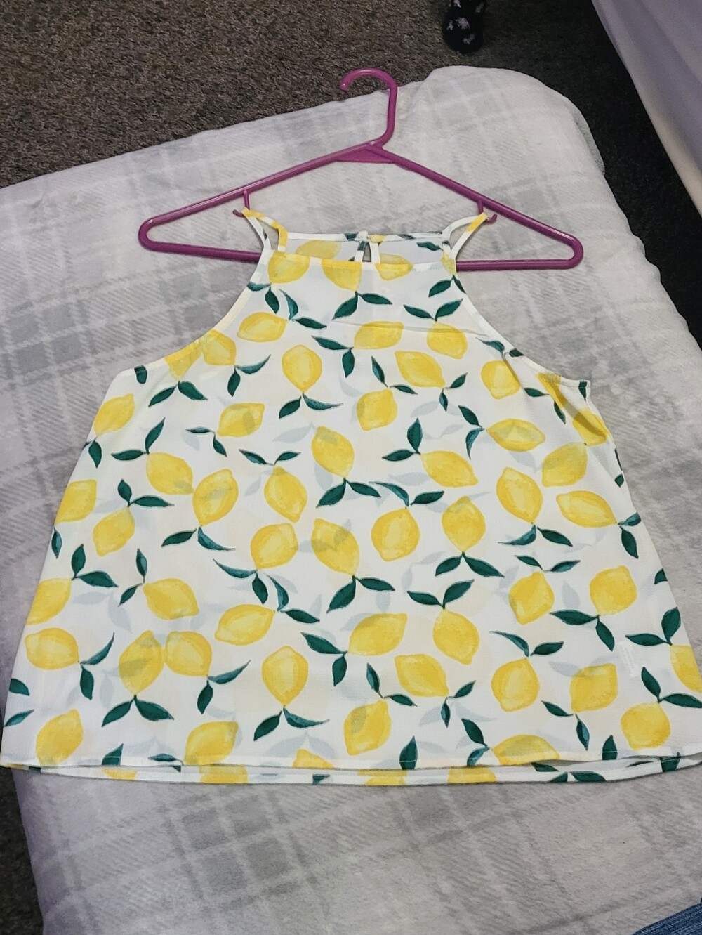 White Halter Style Flowy Tank Top Yellow Lemon Print Size Small Pink Rose Brand